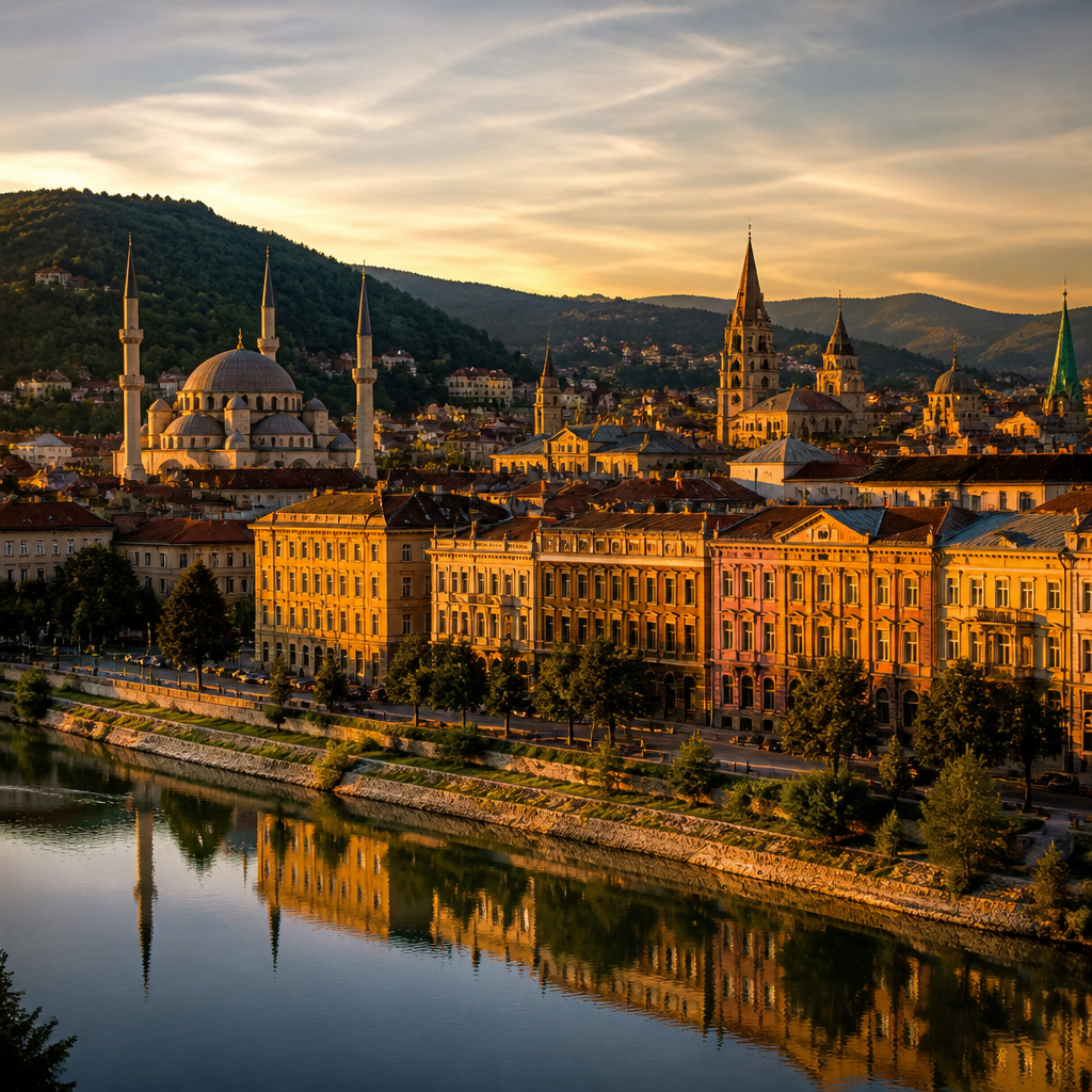 Sarajevo Sehenswürdigkeiten: Skyline mit Minaretten und historischen Fassaden im goldenen Abendlicht