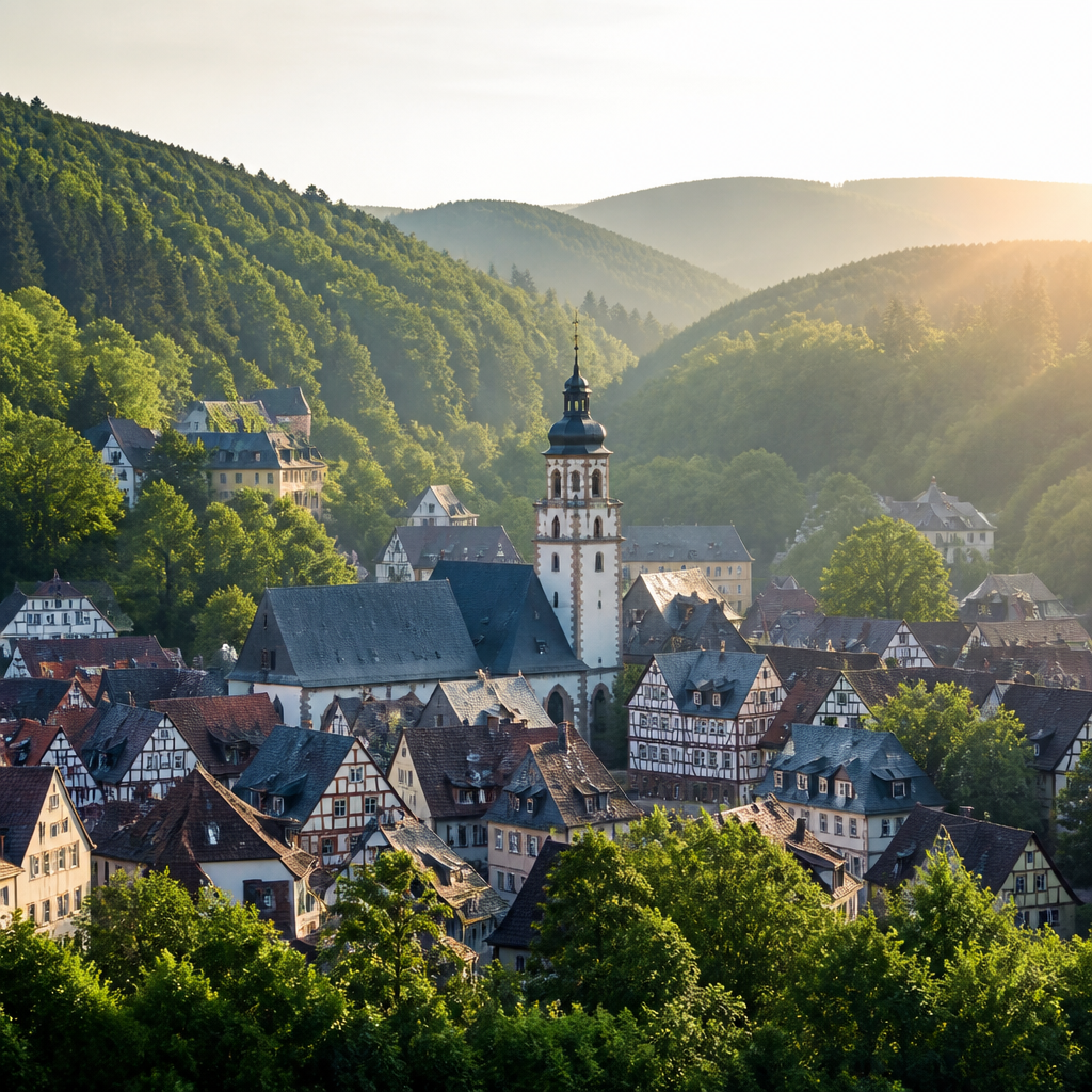 Suhl Sehenswürdigkeiten: Blick auf Altstadt mit Fachwerkhäusern und Wäldern im Thüringer Wald