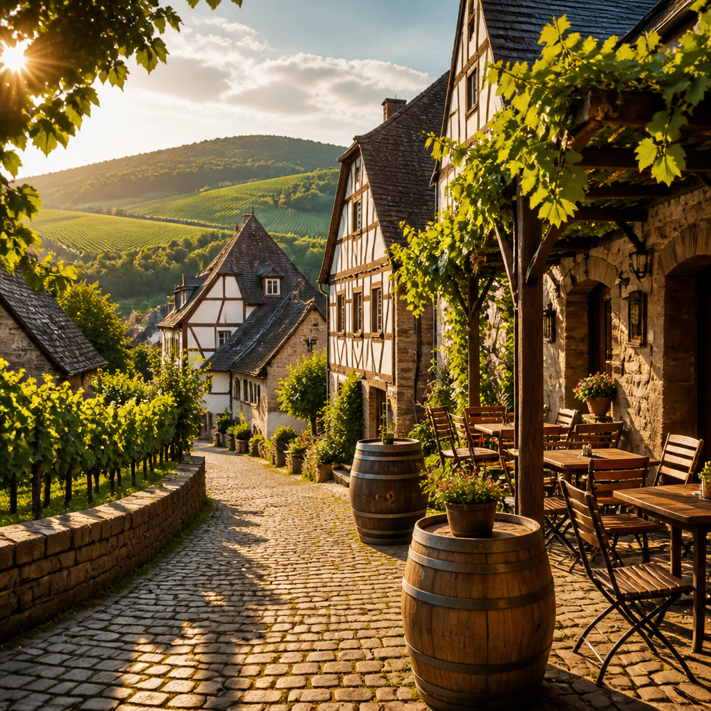Sektstadt im Rheingau: Weinberge und historische Altstadt von Hochheim am Main im Sonnenlicht