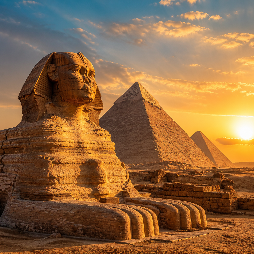 Sehenswürdigkeiten Ägypten: Pyramiden von Gizeh und Sphinx im warmen Morgenlicht der Wüste