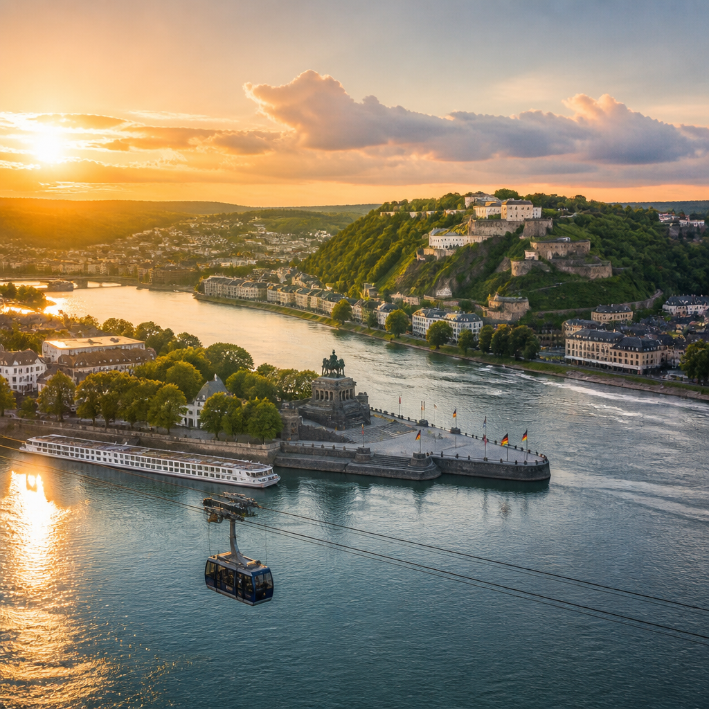 Sehenswürdigkeiten in Koblenz: Blick auf Deutsches Eck und Festung Ehrenbreitstein am Flusszusammenfluss