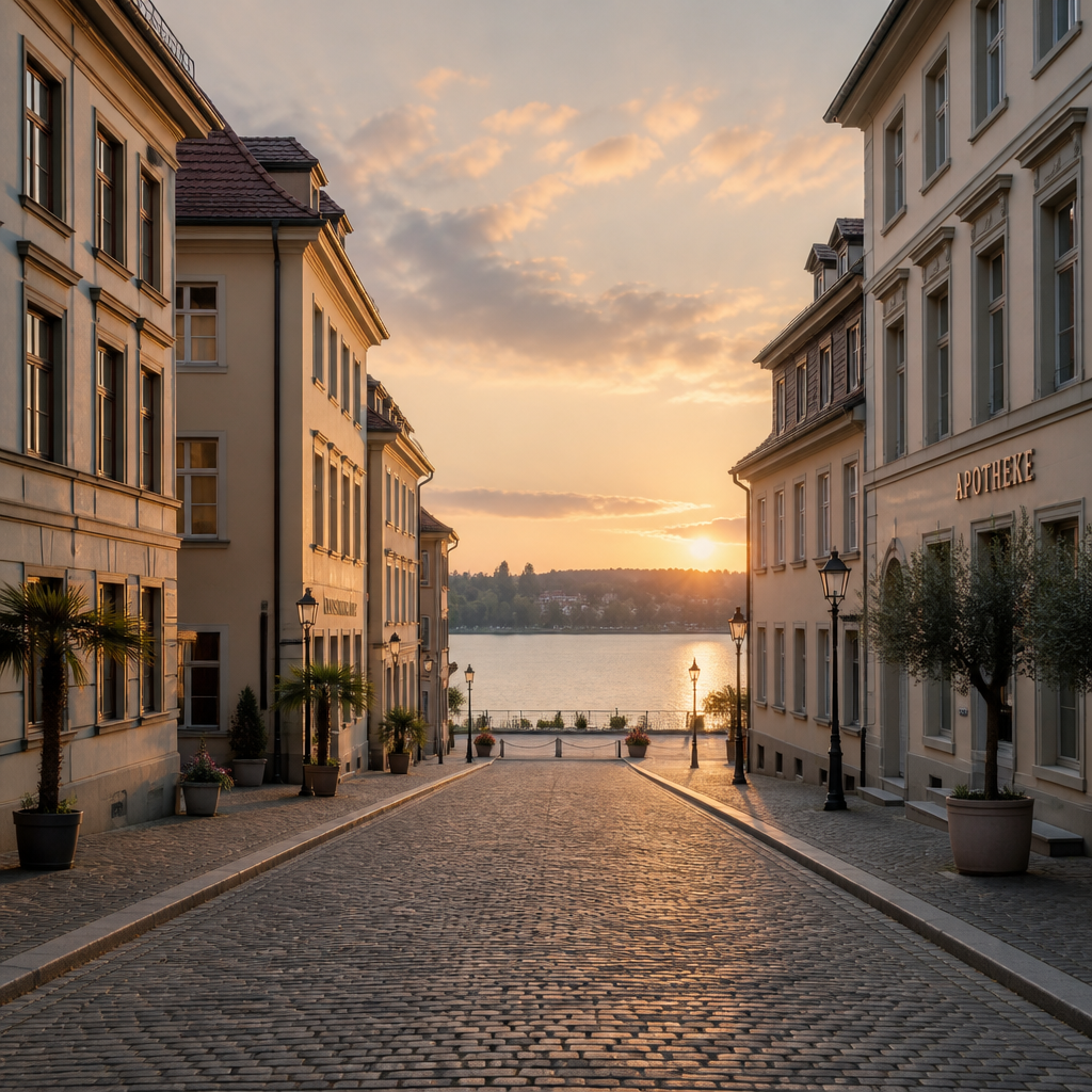 Klassizistische Altstadtgasse in Neuruppin mit symmetrischen Fassaden im Abendlicht