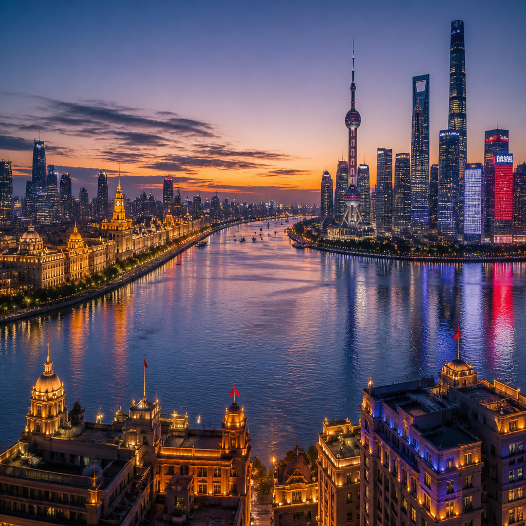 Shanghai Sehenswürdigkeiten: Skyline-Kontrast zwischen historischem Ufer und moderner Hochhauskulisse bei Dämmerung