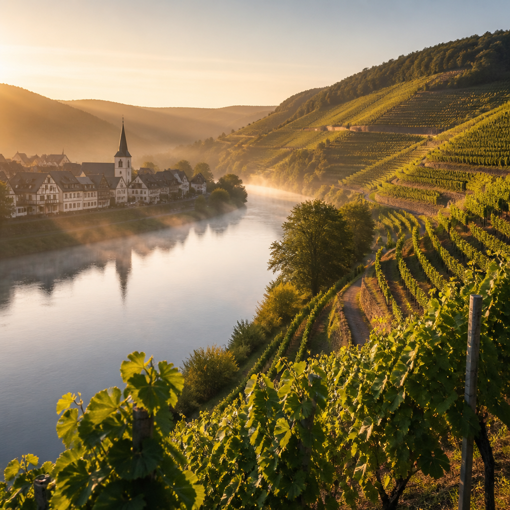 Weinort Alf an der Mosel mit Weinbergen und ruhigem Flusslauf im Morgenlicht