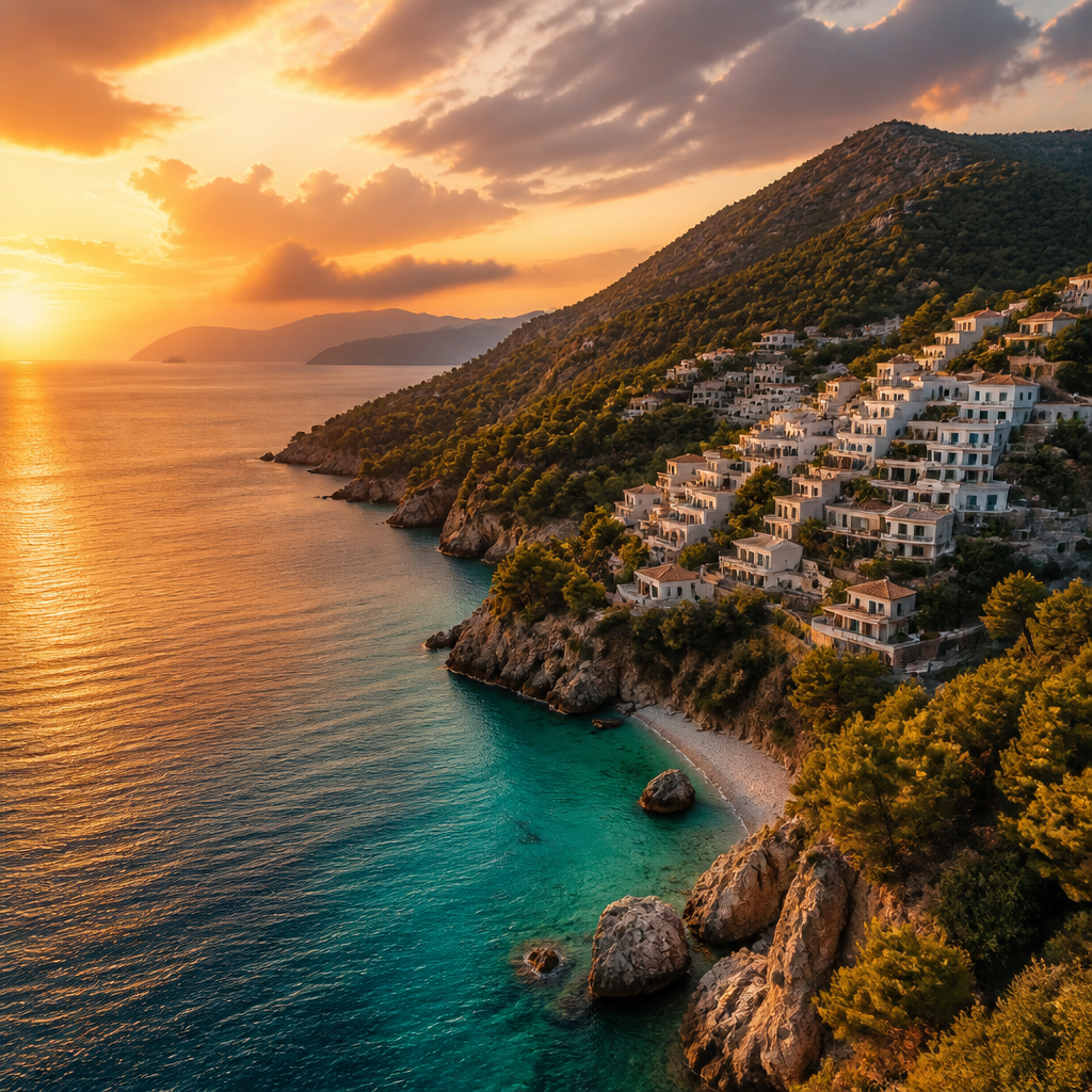 Symbolbild: Bergige Küstenlandschaft auf Samos mit Hinweis auf Waldbrandgefahr im Sommer