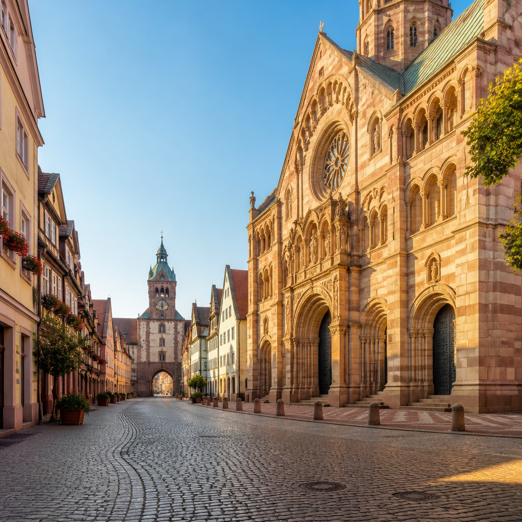 Romanischer Dom und historische Altstadtgasse als Symbolbild für Speyer Sehenswürdigkeiten an 1 Tag