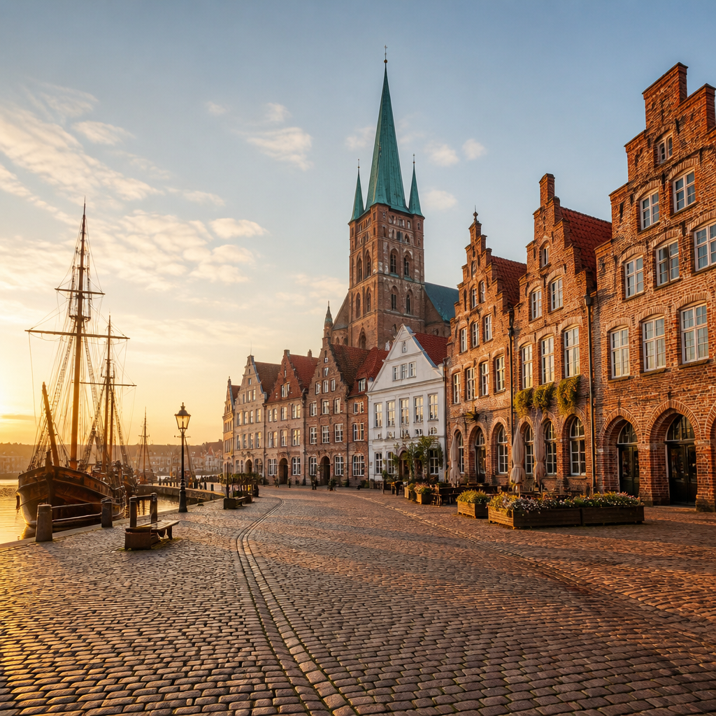 Ein Tag in Greifswald: historische Backsteingiebelhäuser am Marktplatz mit Domturm im Hintergrund