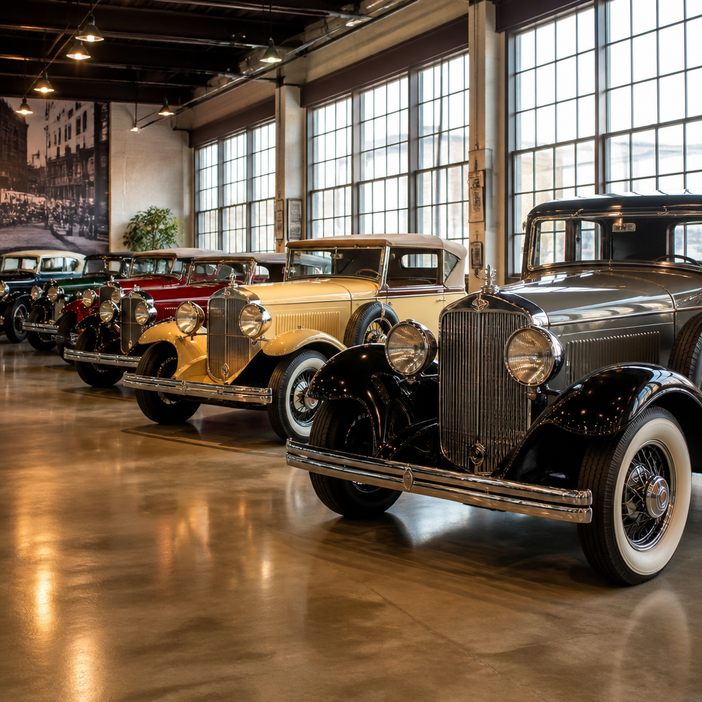 Symbolbild: Ausstellungshalle eines Oldtimer Museums in NRW mit klassischen Fahrzeugen
