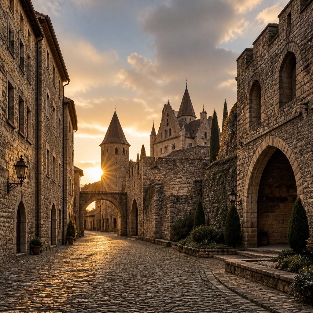 Rhodos Stadt Sehenswürdigkeiten: mittelalterliche Gasse mit Festungsmauern im goldenen Abendlicht