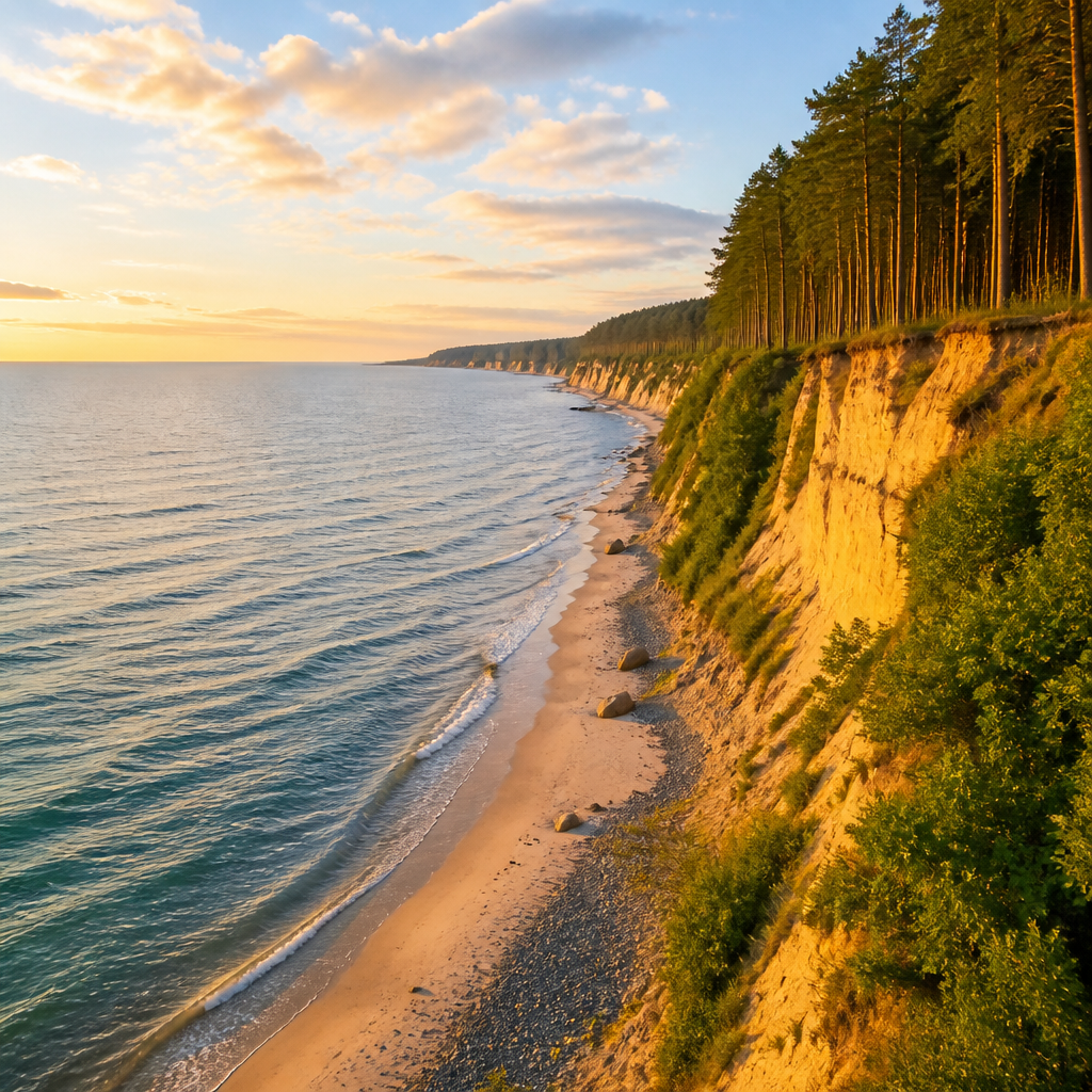 Rerik Sehenswürdigkeiten: Steilküste an der Ostsee mit Sandstrand im goldenen Licht