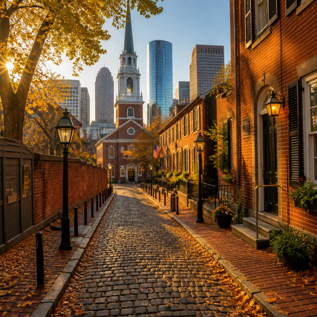 Historischer Pfad mit Kolonialgebäuden als Symbol für Boston Sehenswürdigkeiten und den Freedom Trail