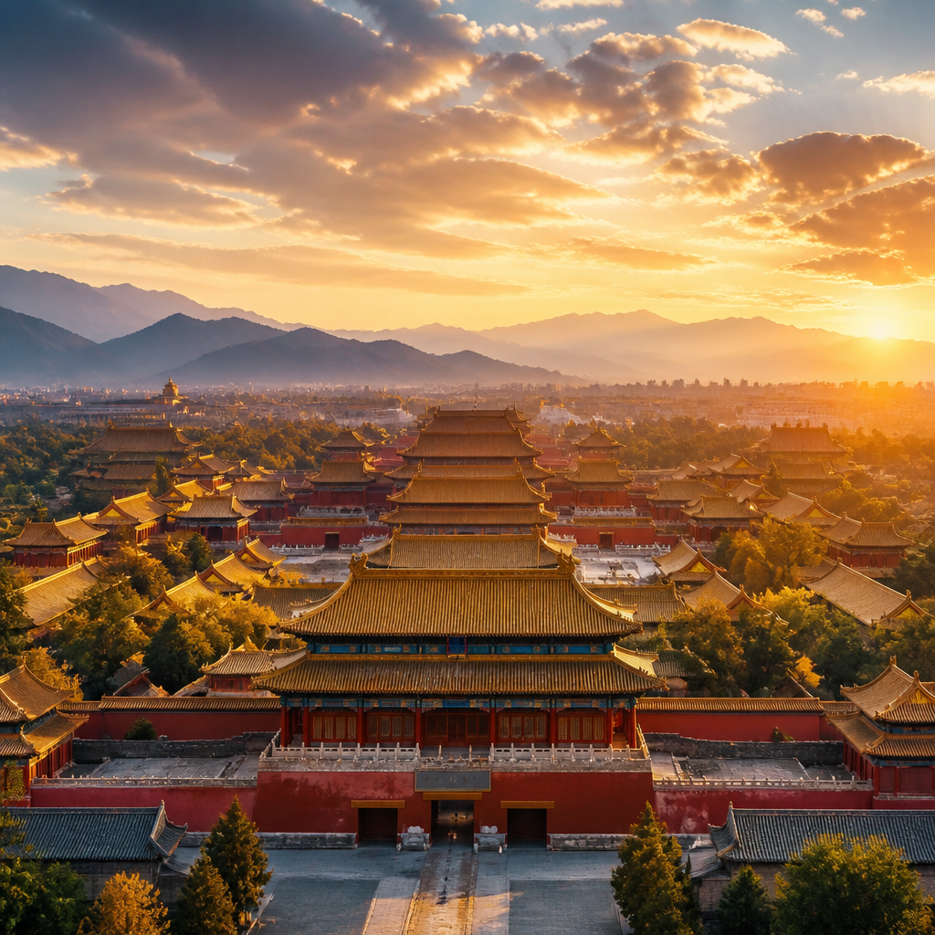 China Sehenswürdigkeiten: Kaiserpalast mit roten Mauern und goldenen Dächern im Abendlicht