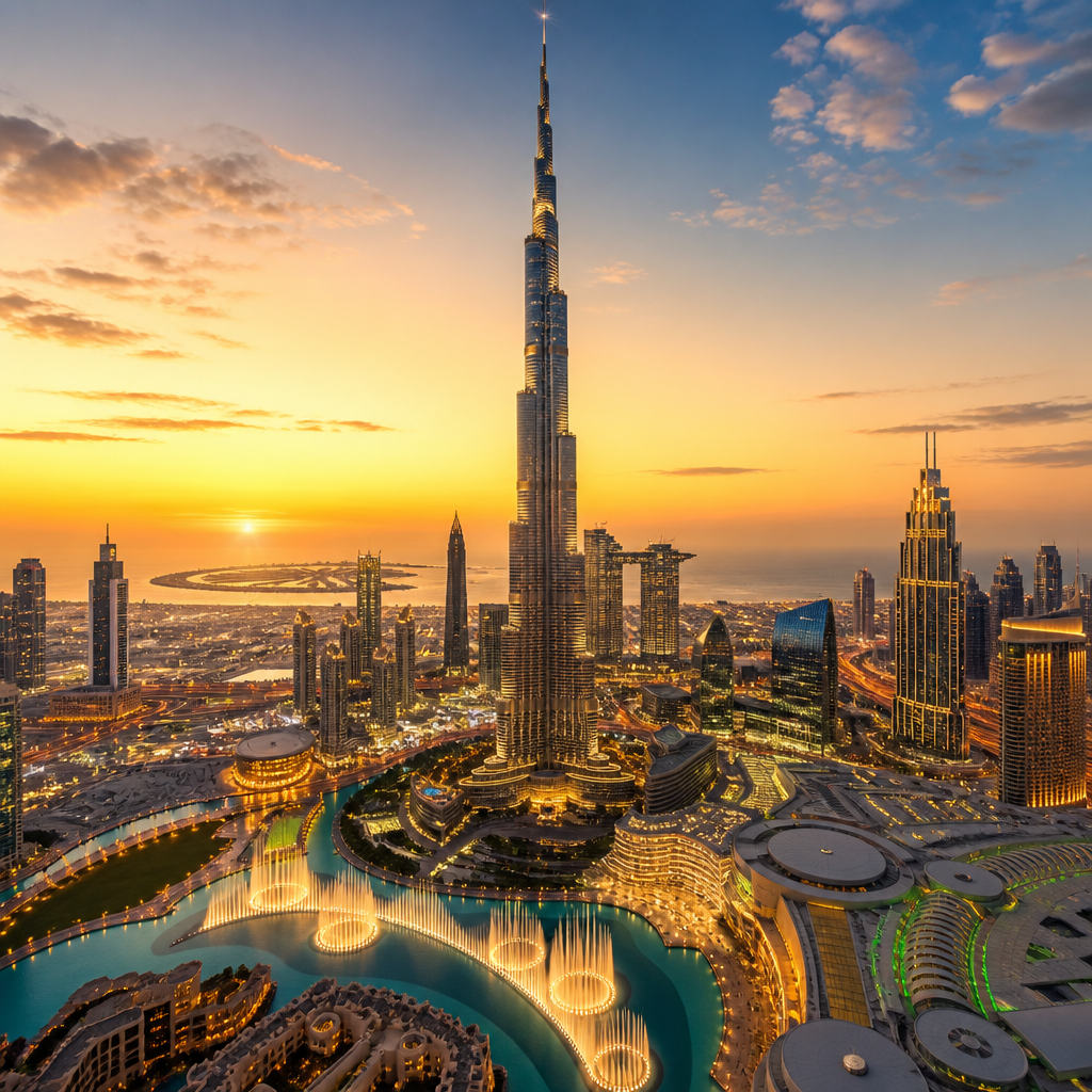 Skyline mit Wolkenkratzer und Fontänenanlage als Symbolbild für Sehenswürdigkeiten in Dubai