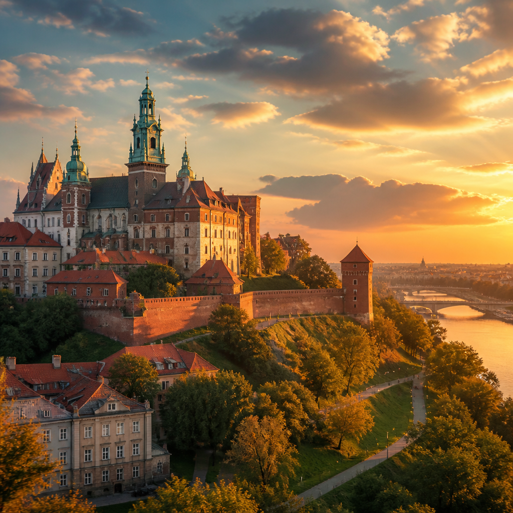Sehenswürdigkeiten Tschechien: historische Burganlage über einer Flusslandschaft im goldenen Abendlicht