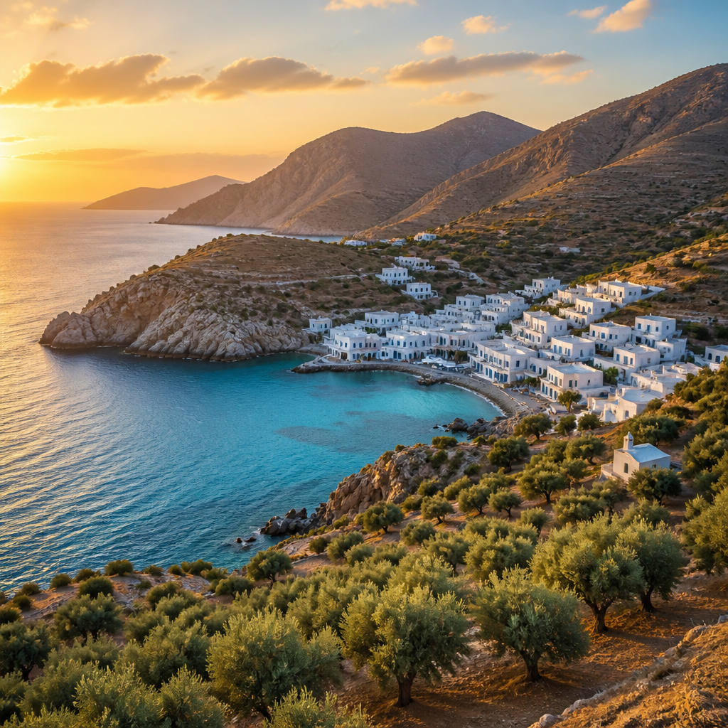 Kreta Sehenswürdigkeiten Karte: Küstenlandschaft mit türkisfarbenem Meer und Bergen im Abendlicht