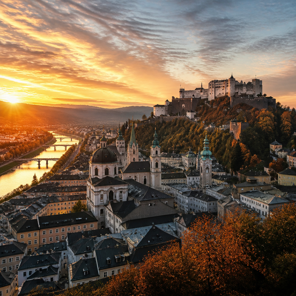 Sehenswürdigkeiten in Salzburg: Festung über der barocken Altstadt im goldenen Abendlicht