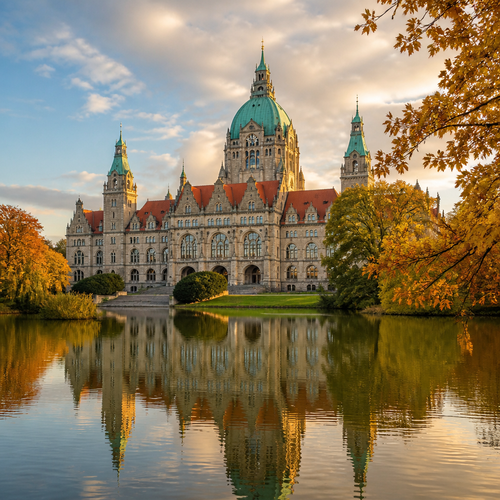 Sehenswürdigkeiten in Hannover: Rathauskuppel und Maschsee im goldenen Herbstlicht