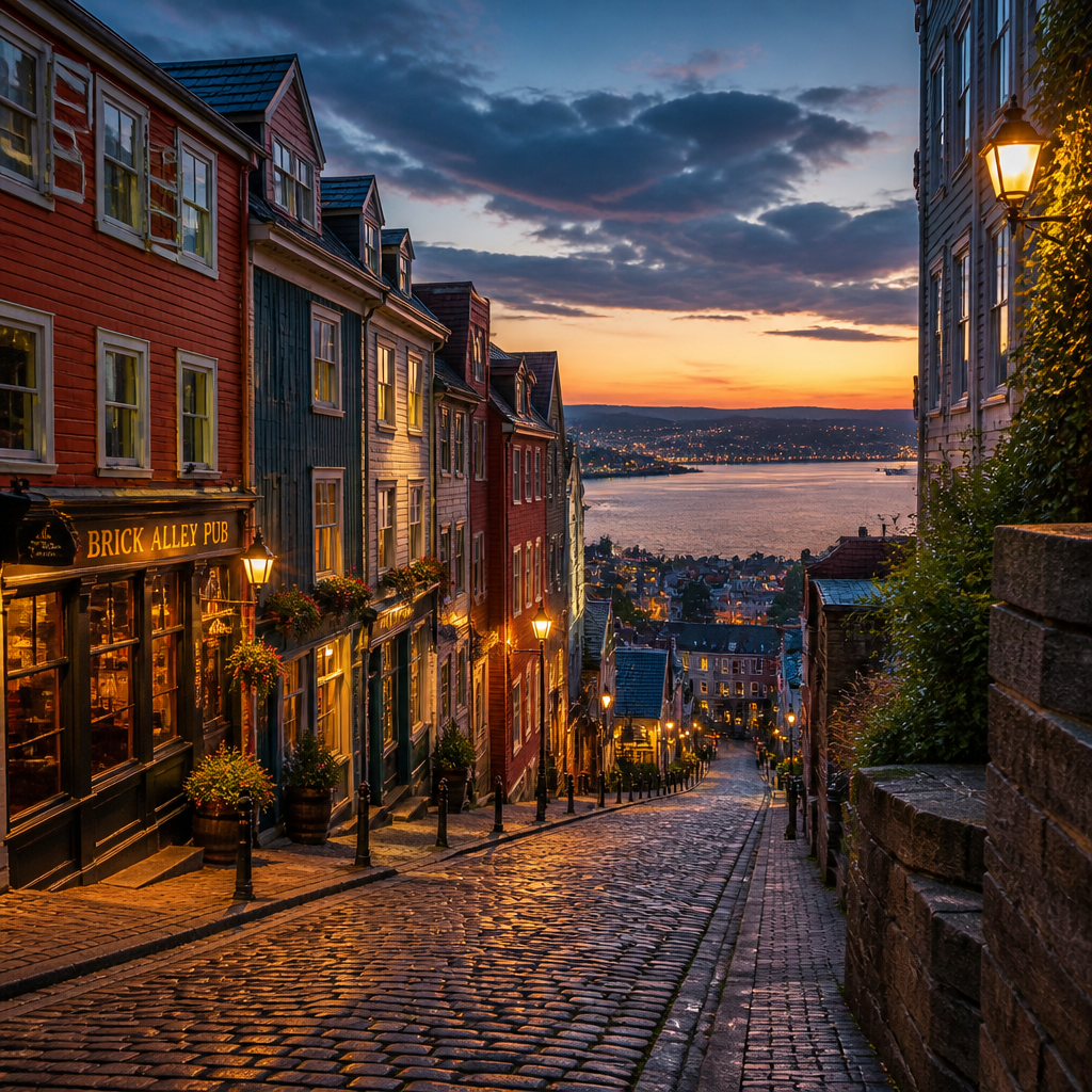 Bunte Fassaden und Promenade an der Galway Bay bei Abendstimmung in Galway, Irland