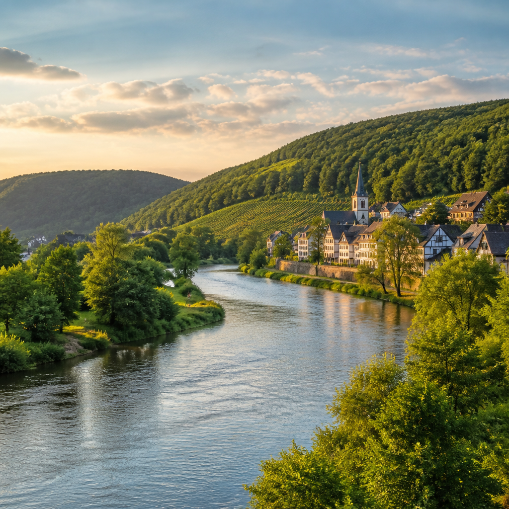 Fluss mit W: malerische Flusslandschaft mit grünen Hügeln im goldenen Licht