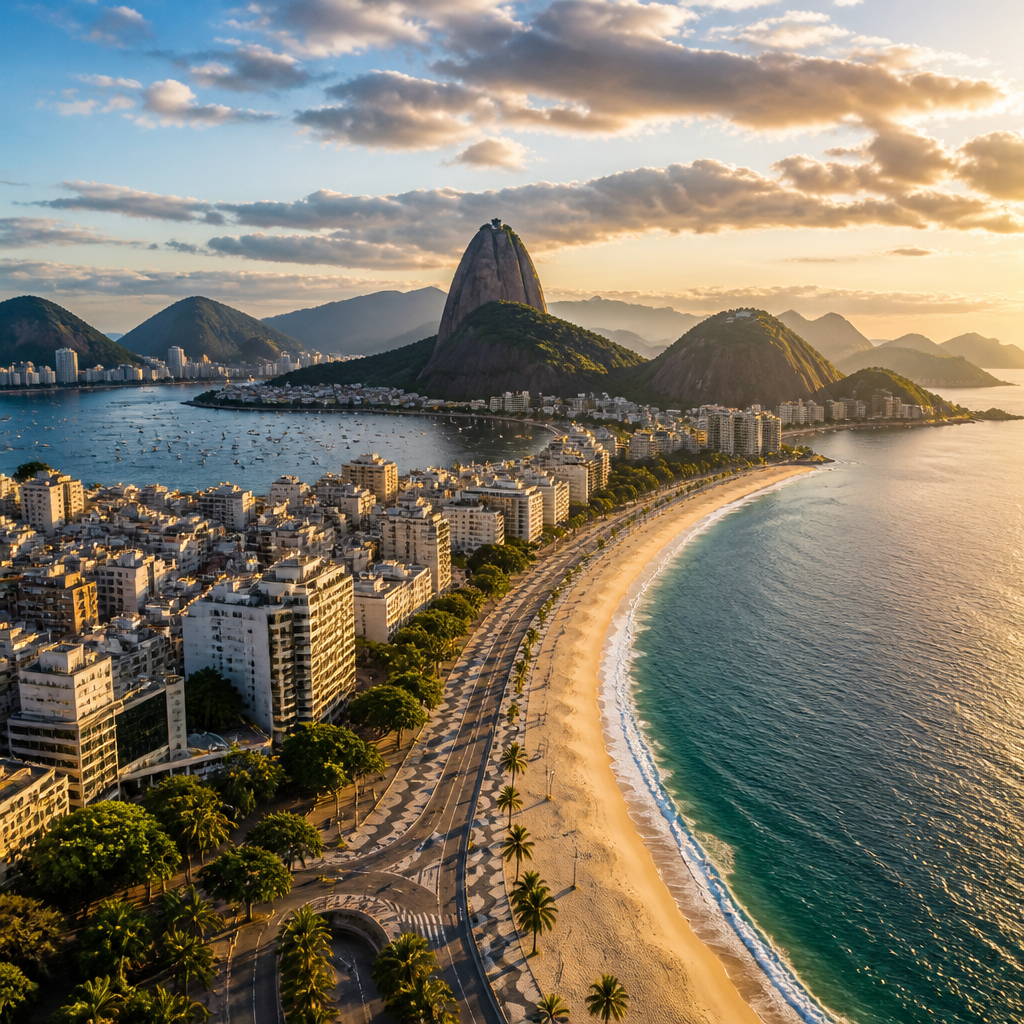 Panoramablick auf Rio de Janeiro Sehenswürdigkeiten mit Bergen, Bucht und Küste im Abendlicht