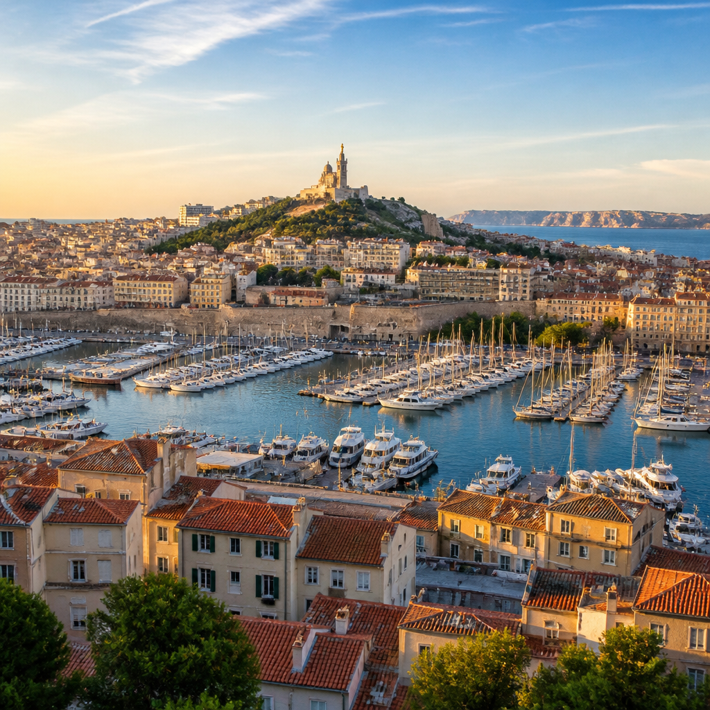 Blick auf den Alten Hafen von Marseille mit Booten und der Basilika auf dem Hügel
