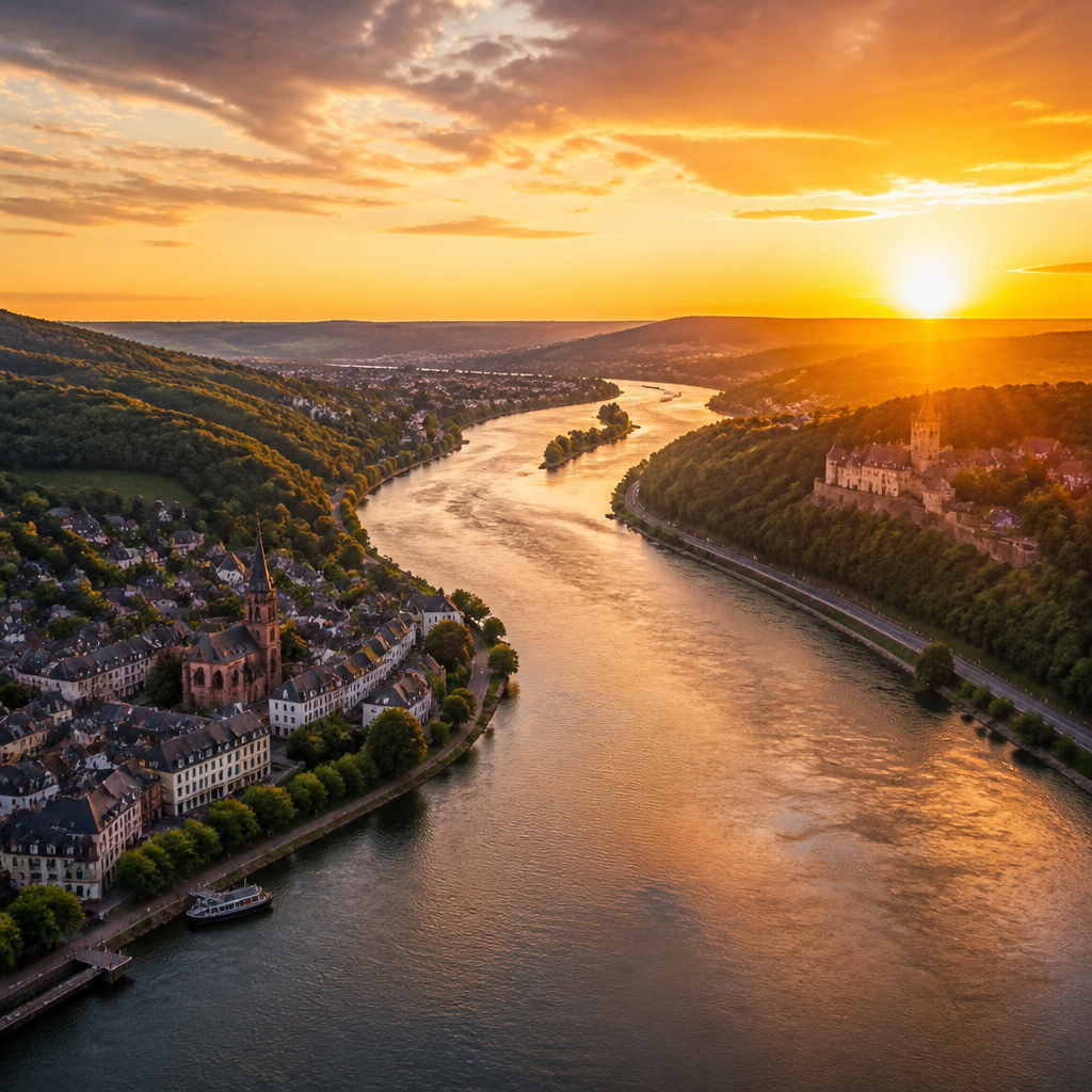Donau als zweitlängster Fluss Europas, Flusslandschaft bei goldenem Licht aus der Vogelperspektive