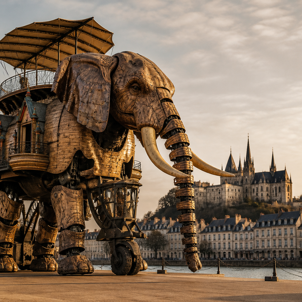 Nantes Sehenswürdigkeiten: mechanischer Elefant der Maschineninsel vor historischer Altstadtkulisse