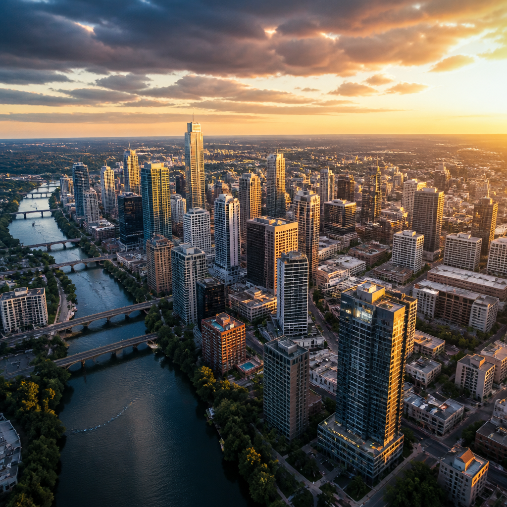 Symbolbild: Skyline einer großen USA-Stadt bei goldenem Licht als Sinnbild für Einwohnerzahlen und Tourismus