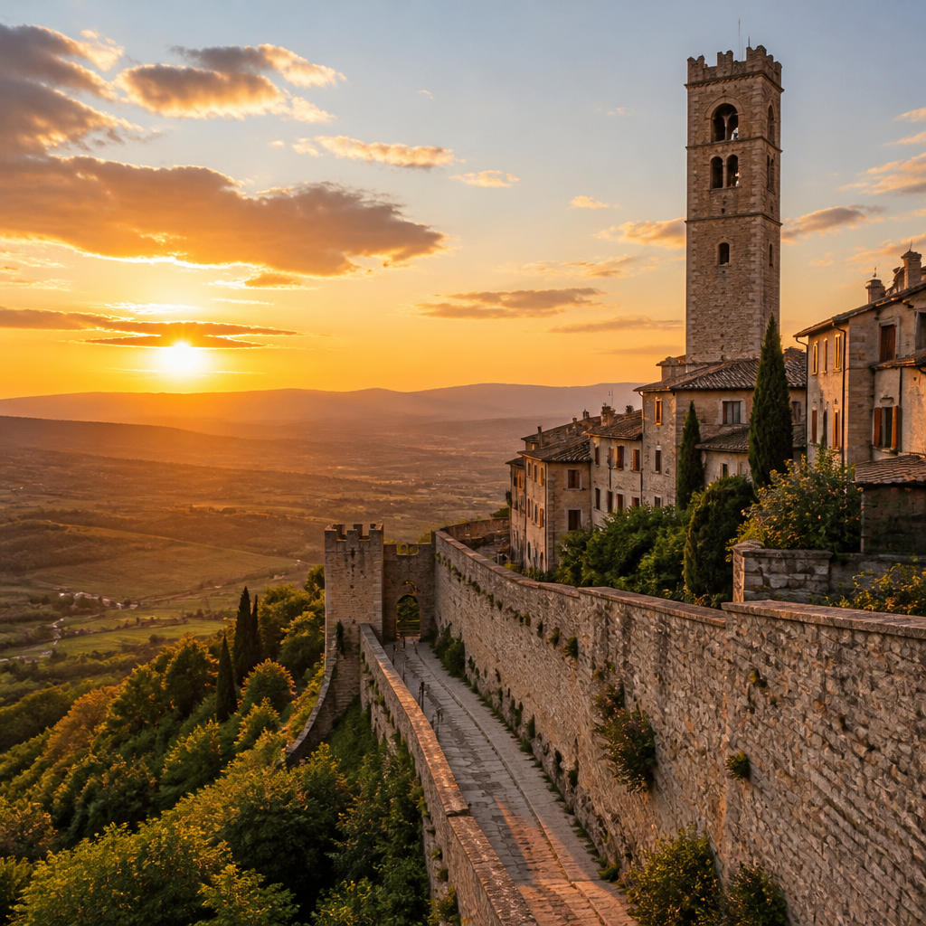 Historische Altstadt mit Turm und venezianischer Stadtmauer als Bergamo Sehenswürdigkeit im Abendlicht