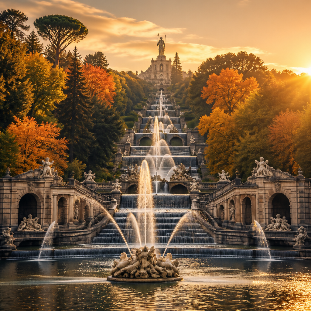 Hessen Sehenswürdigkeiten: Bergpark mit Wasserkaskaden und herbstlicher Parklandschaft